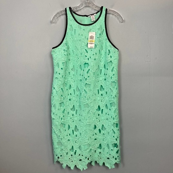 BAR III Manila Sheath Dress Garden Mint Lace Overlay Vegan Leather Trim Size M - Picture 9 of 11